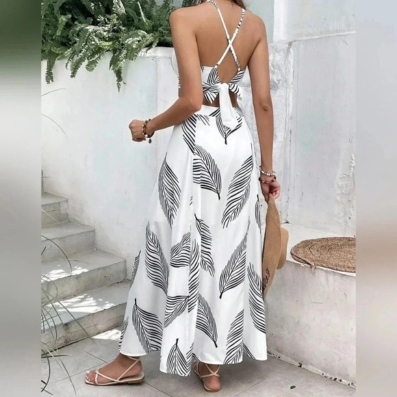 Beach Tropical Print Tie Backless Cami Top & Split Thigh Skirt Two Piece Set - Picture 5 of 5